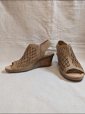 Earth Taupe Laser-Cut Peep-Toe Wedges